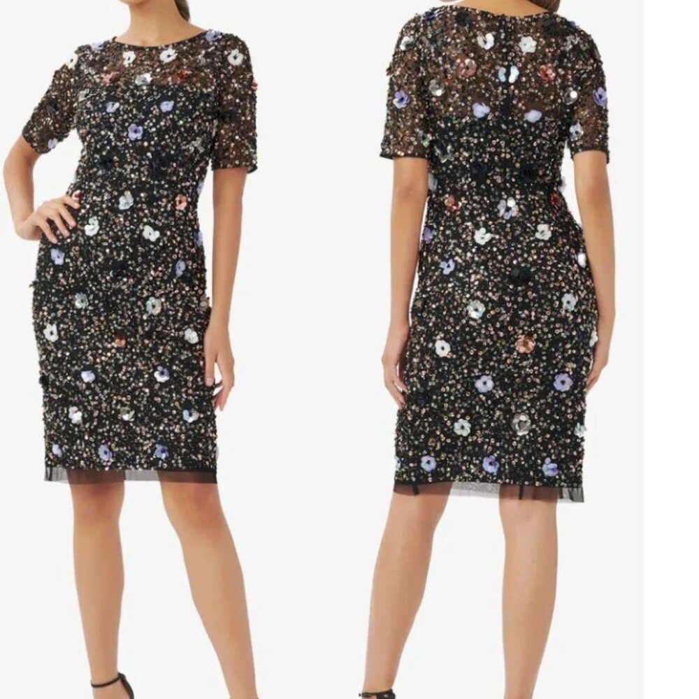 Adrianna Papell Black Floral Beaded Cocktail Dress Size 2 New NWT